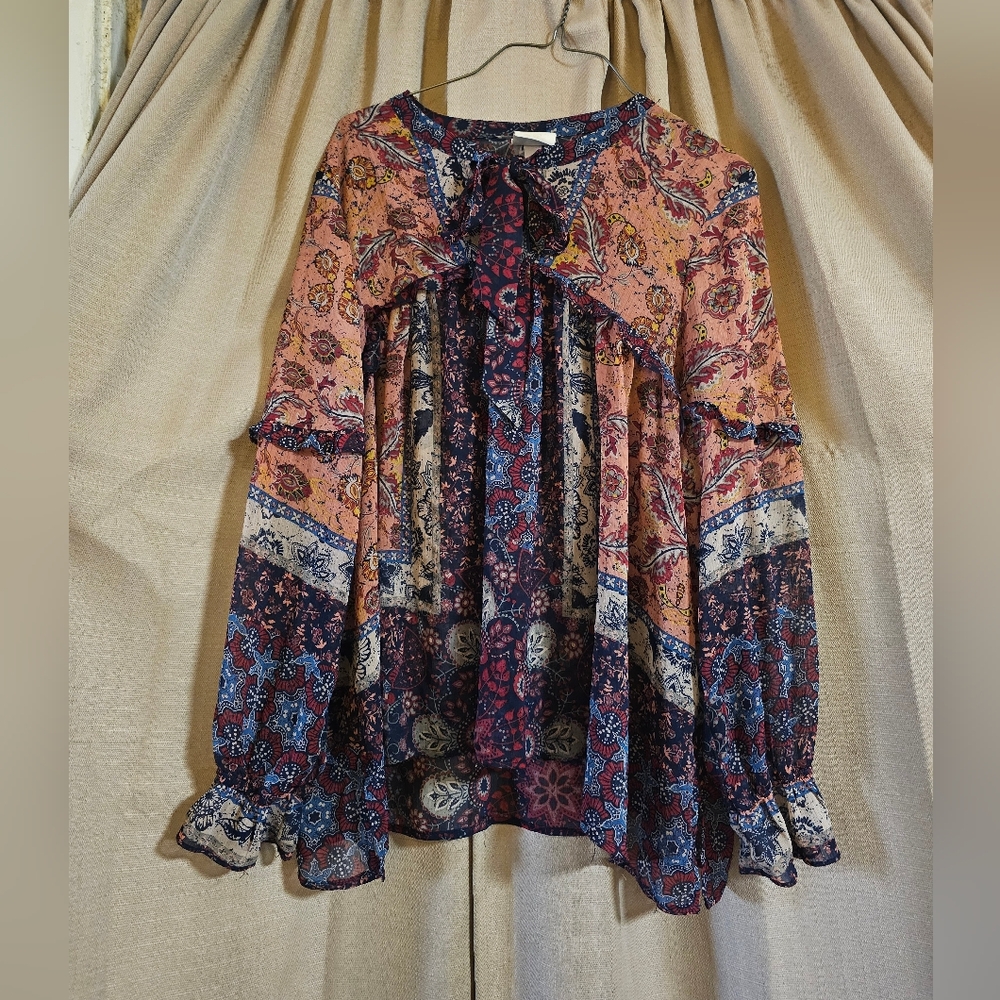 Boho Paisley Tie-Neck Blouse - Pink & Navy